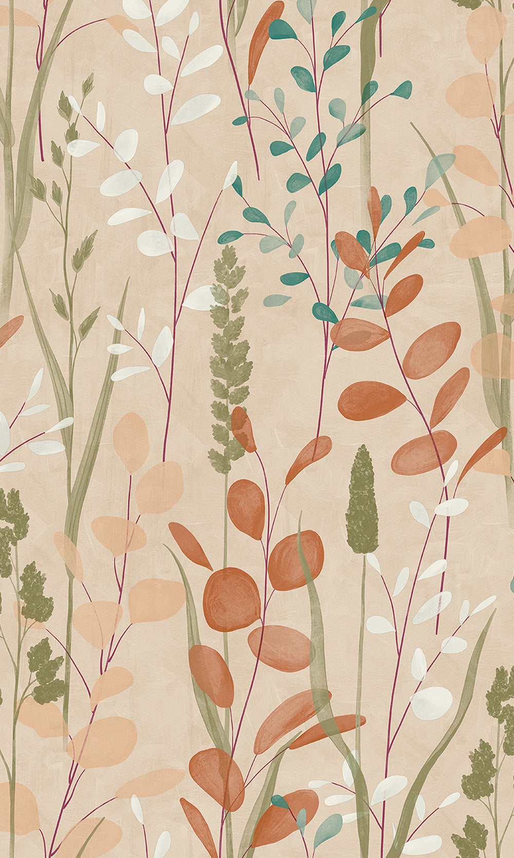 Bone/Viridian Green Leaf Motif Wallpaper R9741