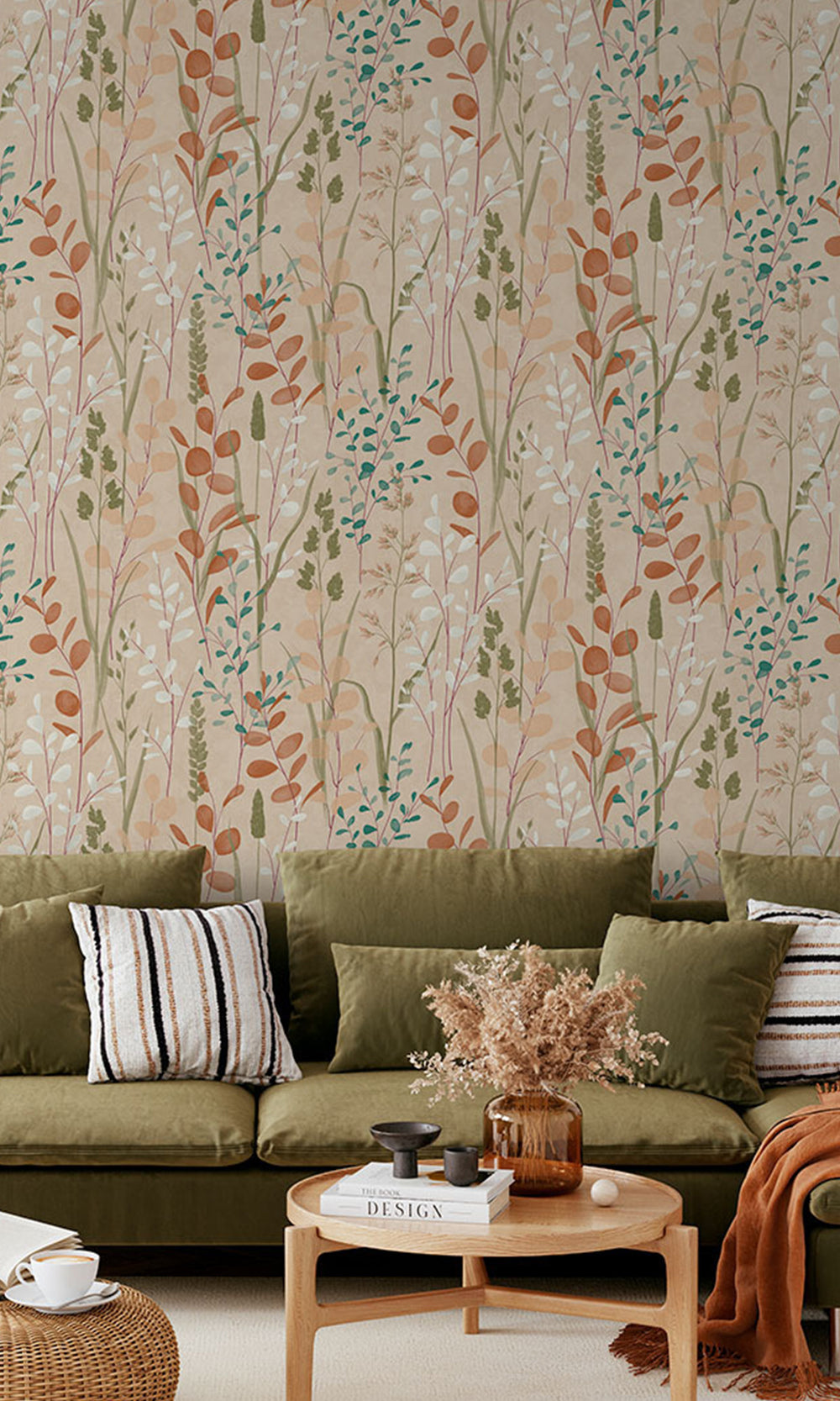 Bone/Viridian Green Leaf Motif Wallpaper R9741
