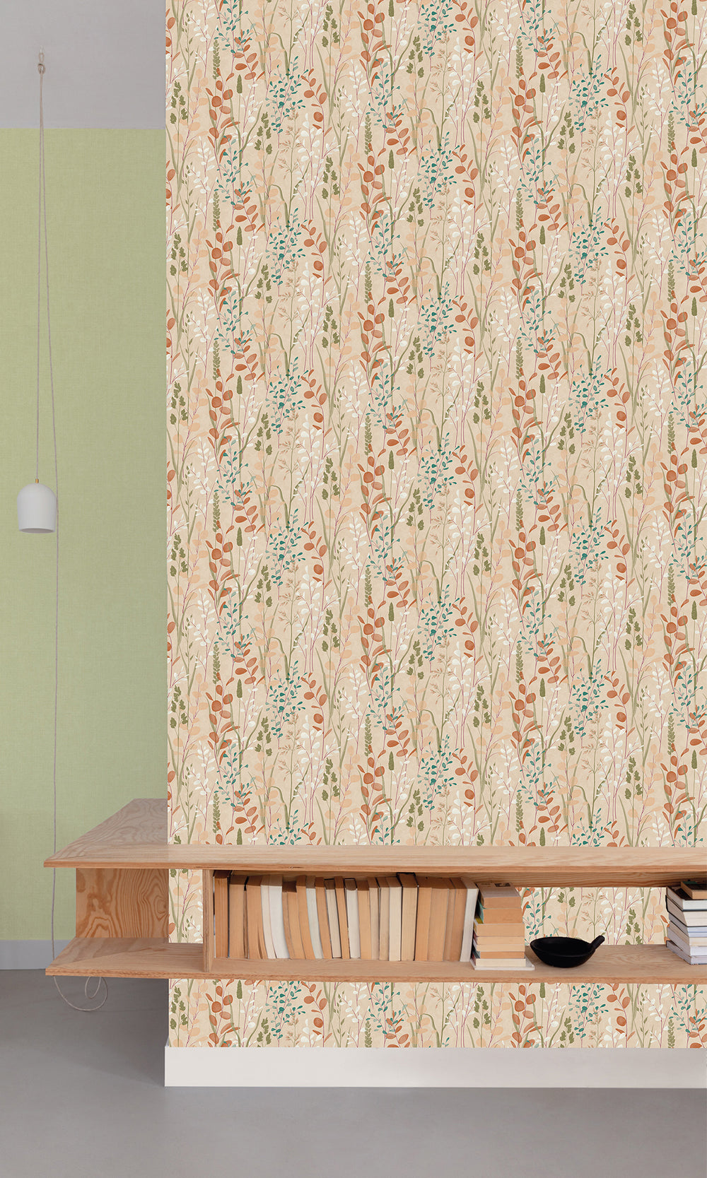 Bone/Viridian Green Leaf Motif Wallpaper R9741