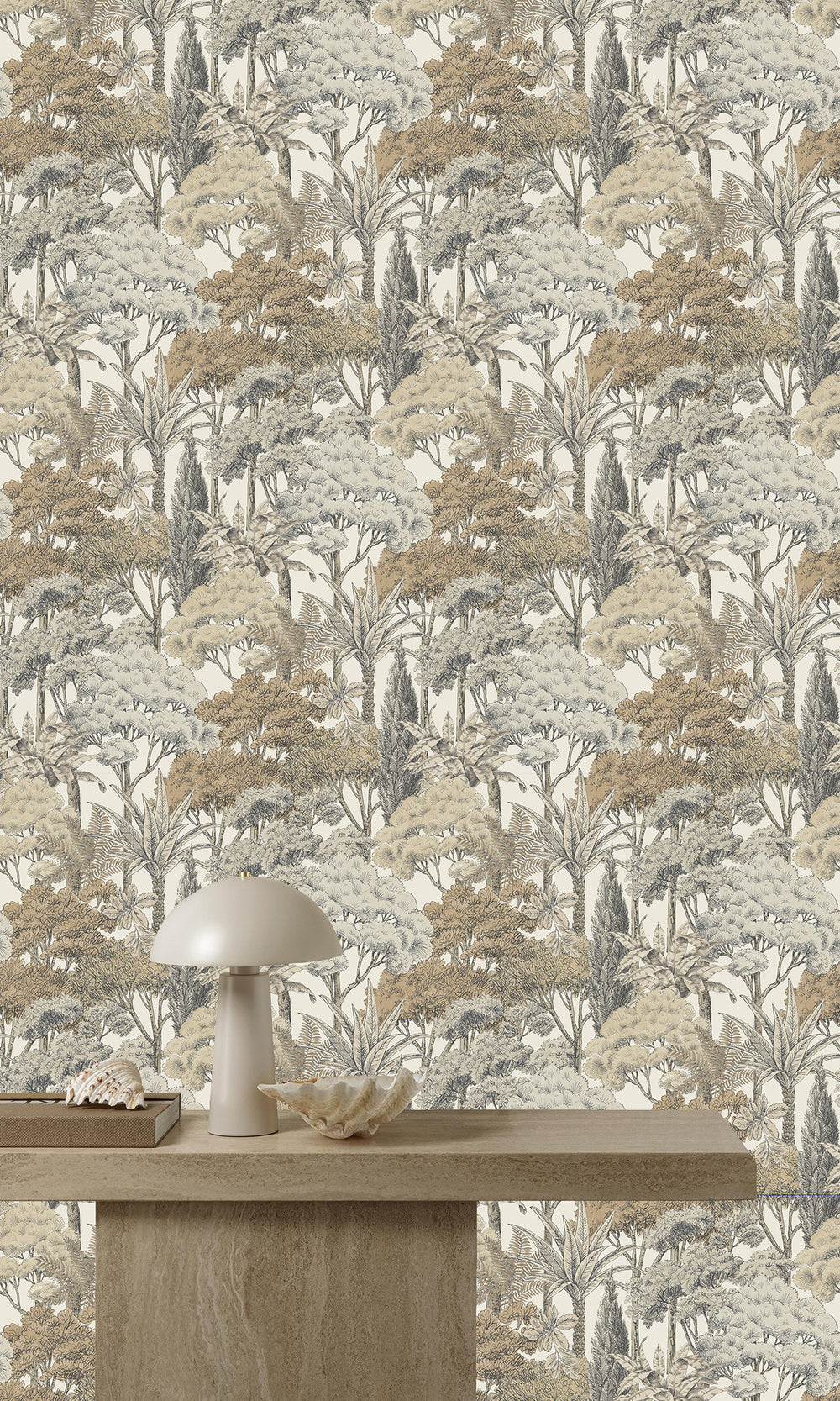 Soft Amber Tropical Palms and Trees Wallpaper R9744