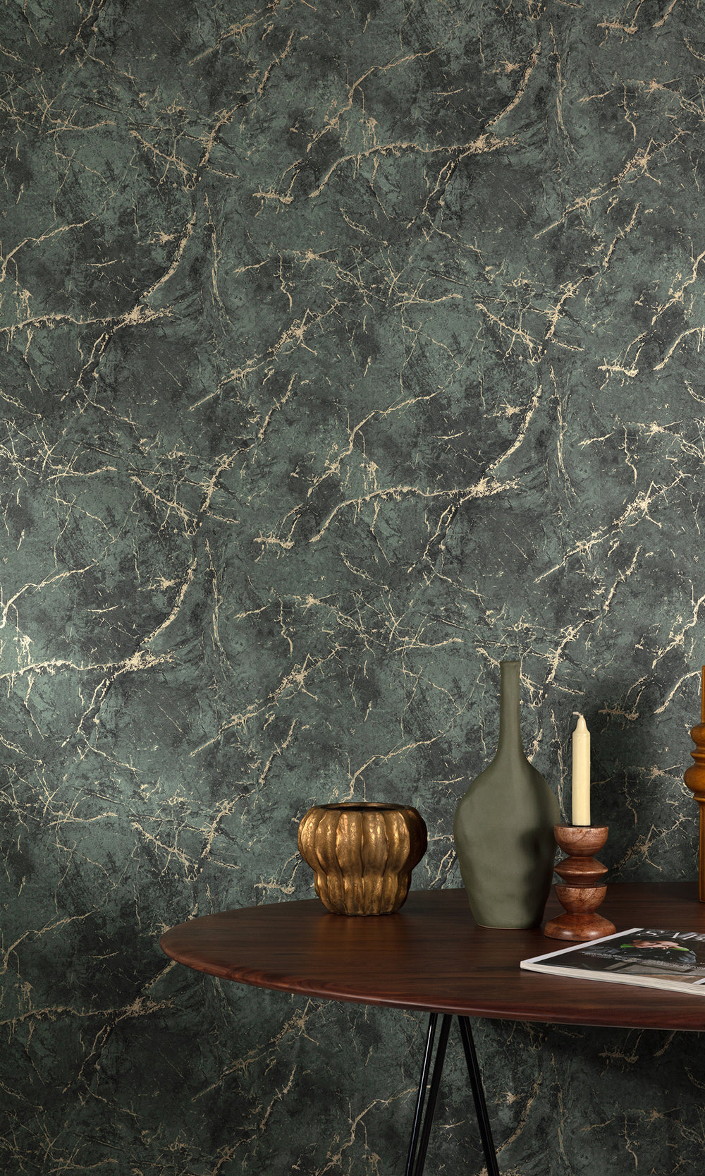 Dark Hunter Green Cracked Marble Wallpaper R9812