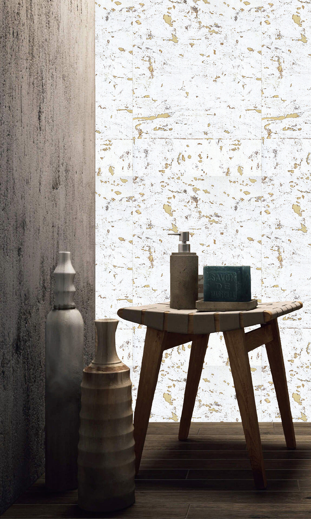 Warm white Abstract Collaged Cork Wallpaper R9851