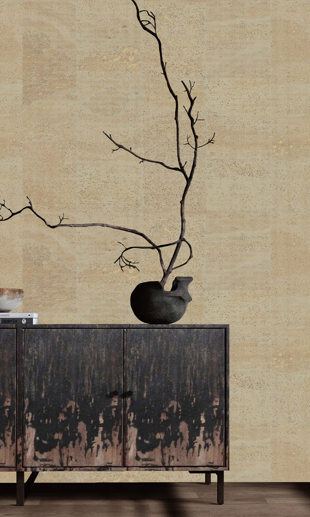 Oyster White Abstract Collaged Cork Wallpaper R9854