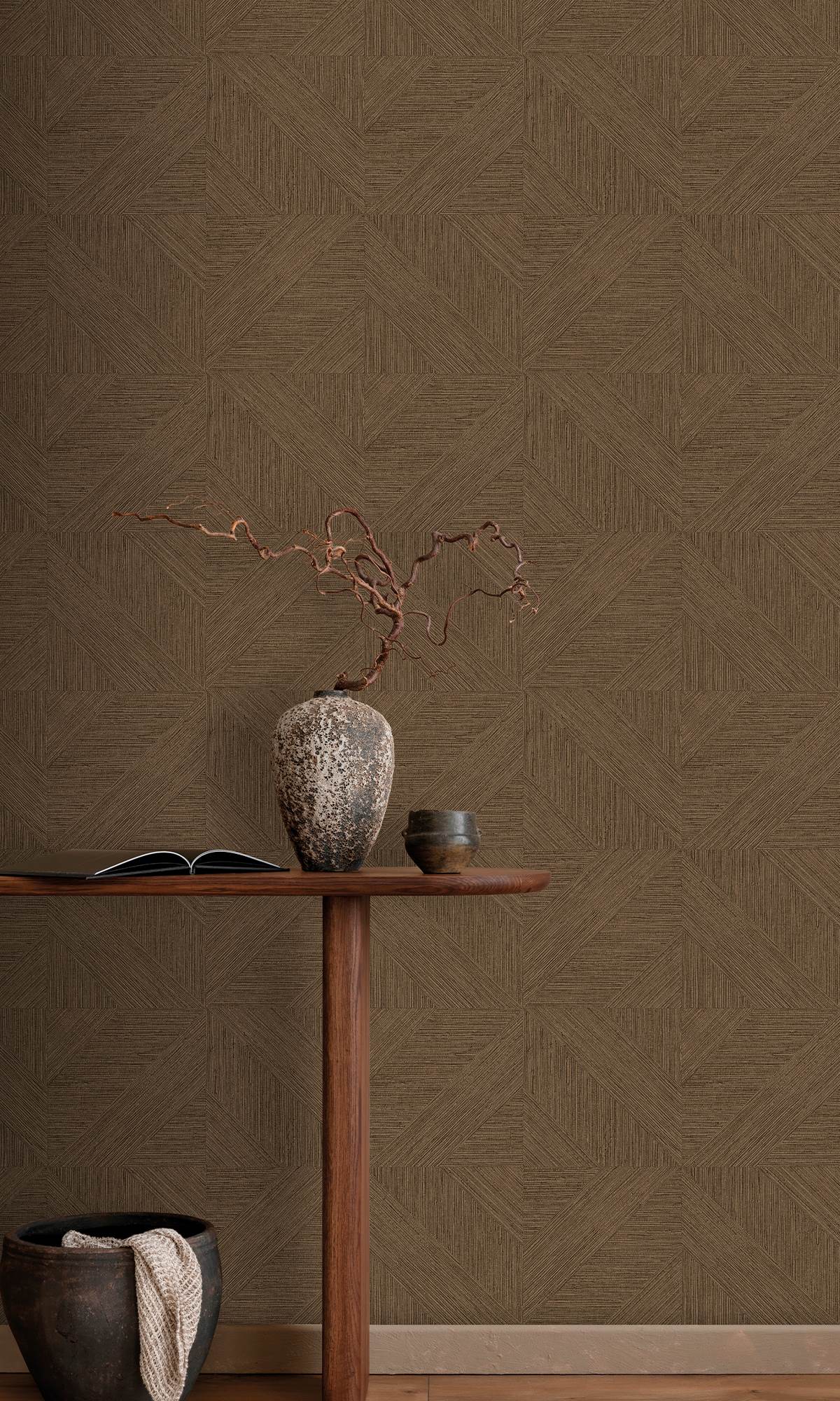 Antique Brown Tiled Faux Grasscloth Print Wallpaper R9878