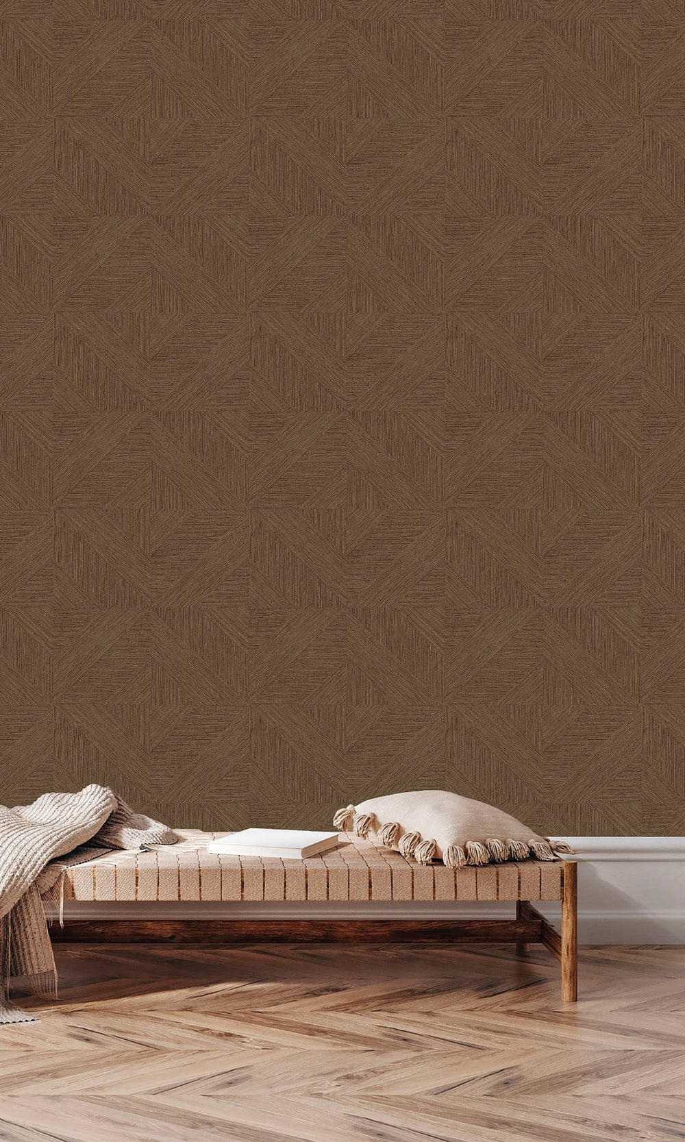 Antique Brown Tiled Faux Grasscloth Print Wallpaper R9878