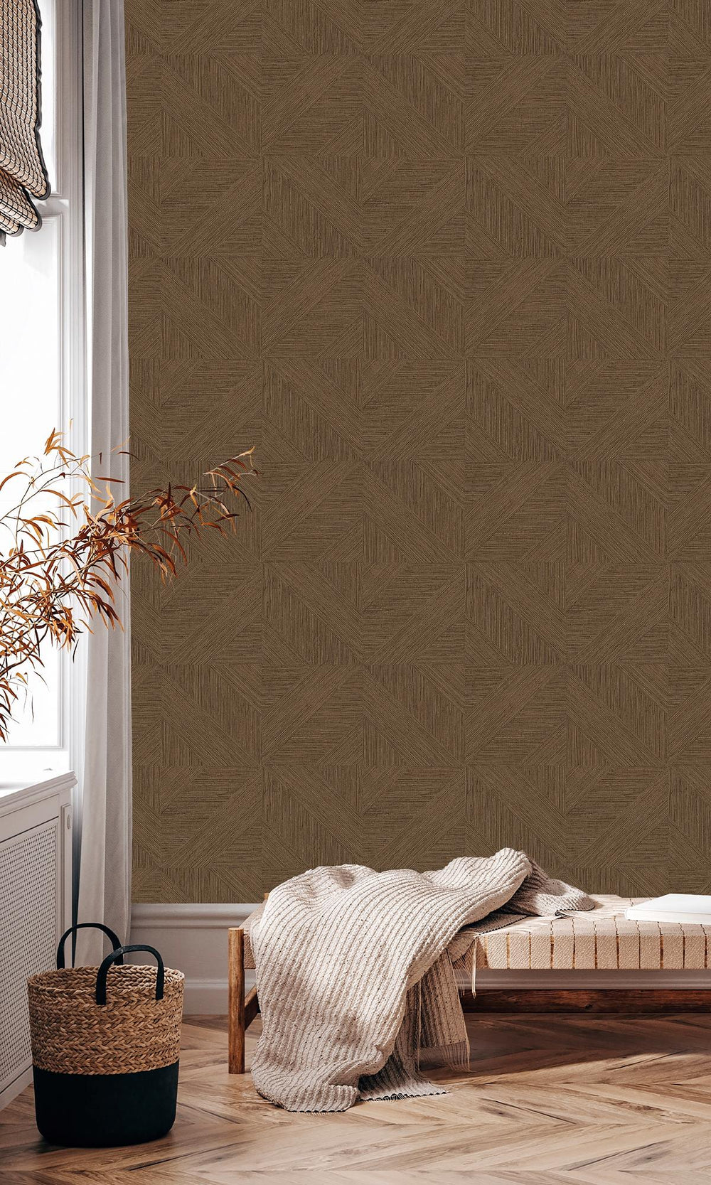 Antique Brown Tiled Faux Grasscloth Print Wallpaper R9878