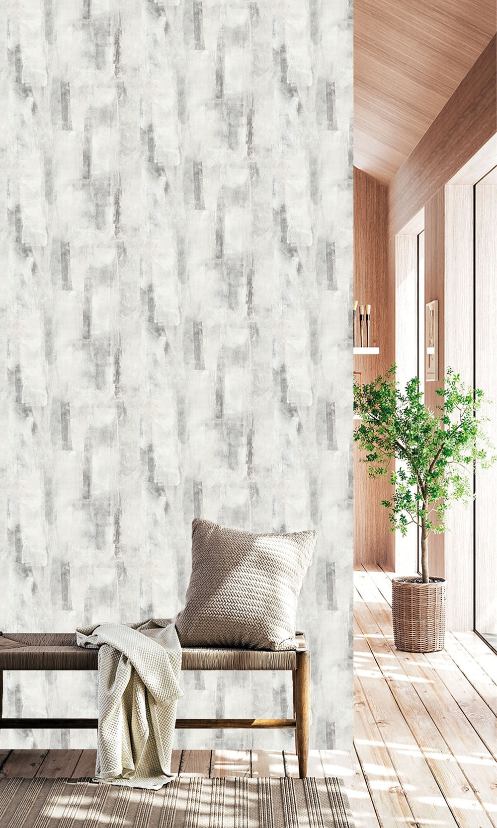Lace Veil & Natural Grey Scattered Block Faux Concrete Wallpaper R9937