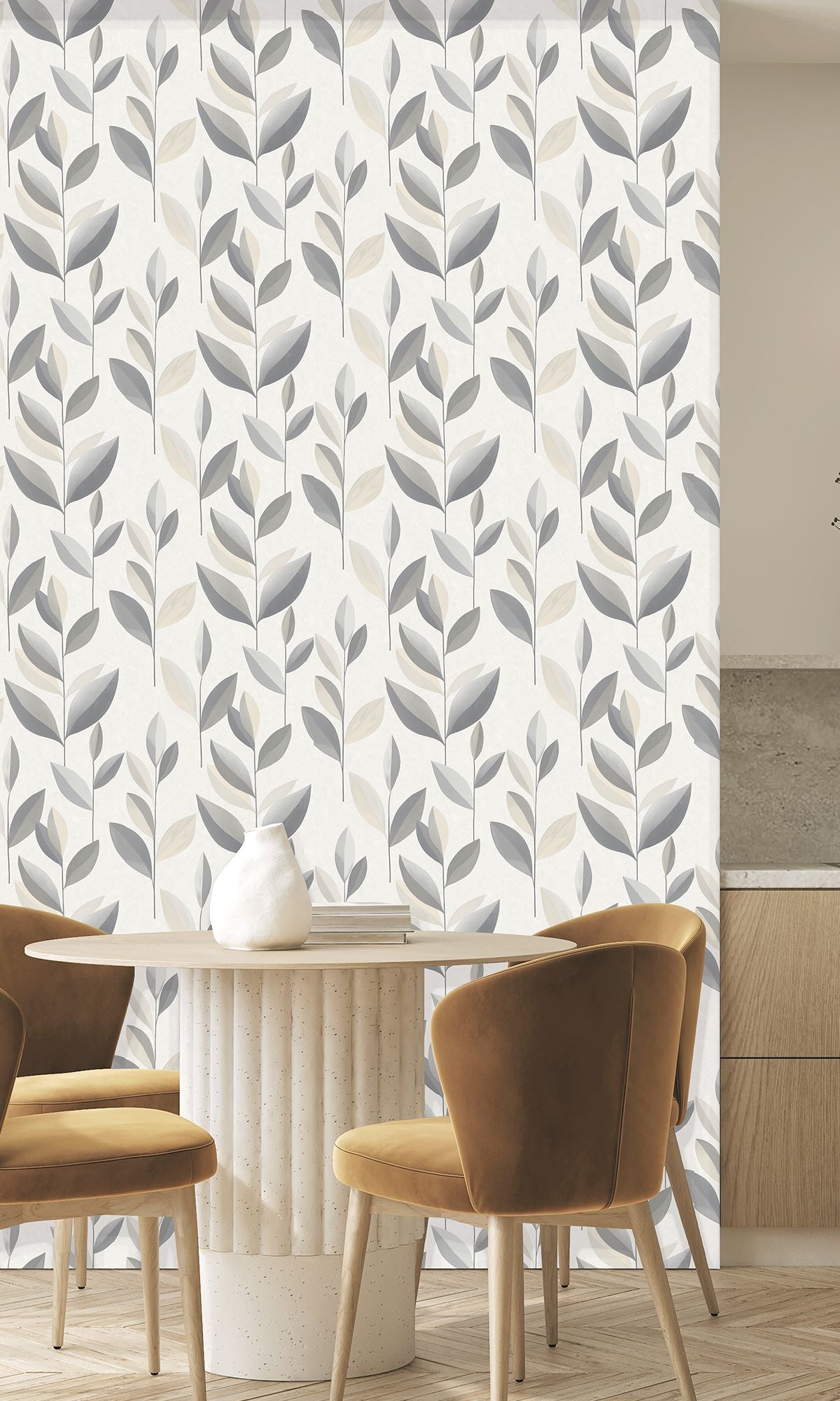 Mountain Mist & Nickel Stylized Plum Leaf Wallpaper R9942