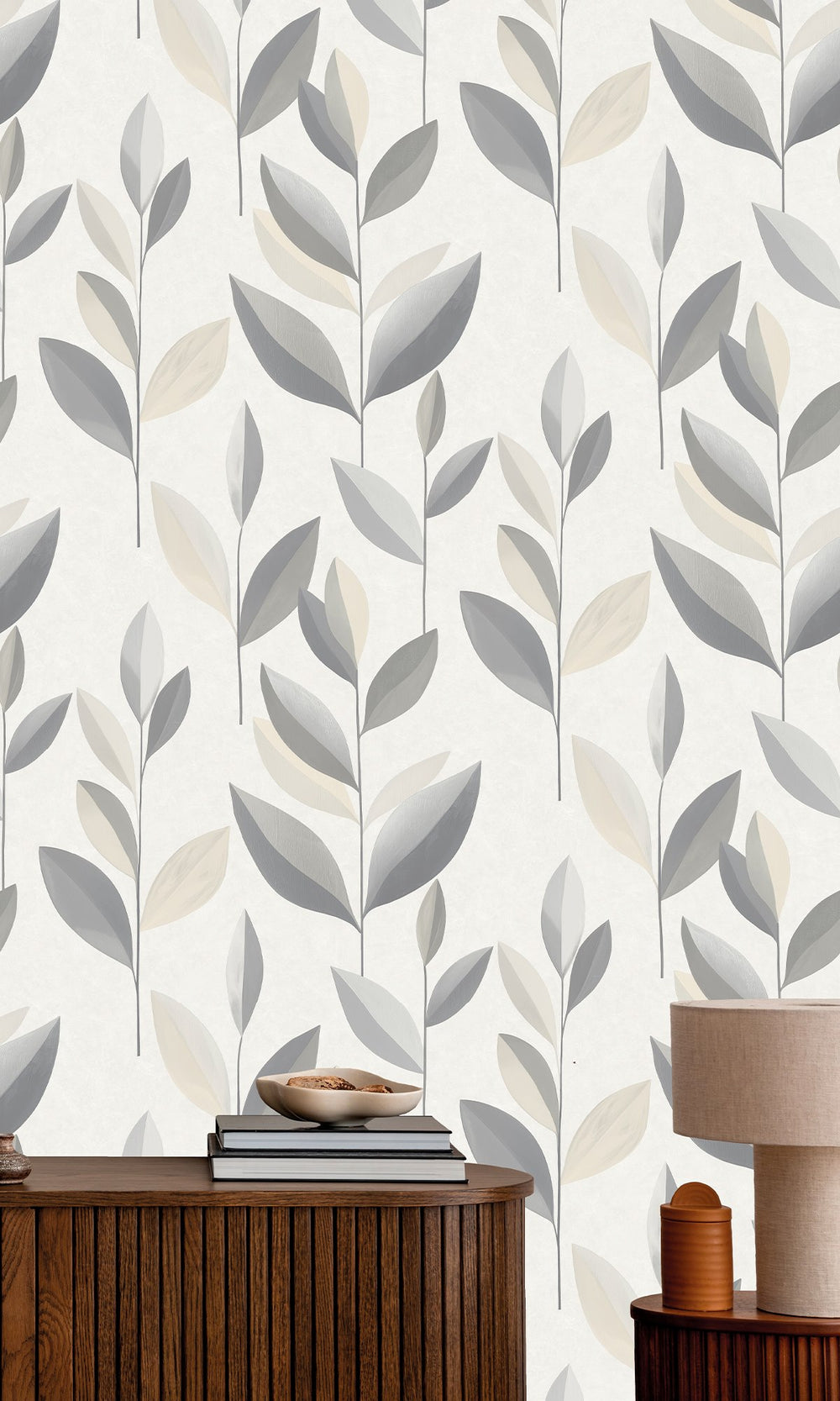 Mountain Mist & Nickel Stylized Plum Leaf Wallpaper R9942