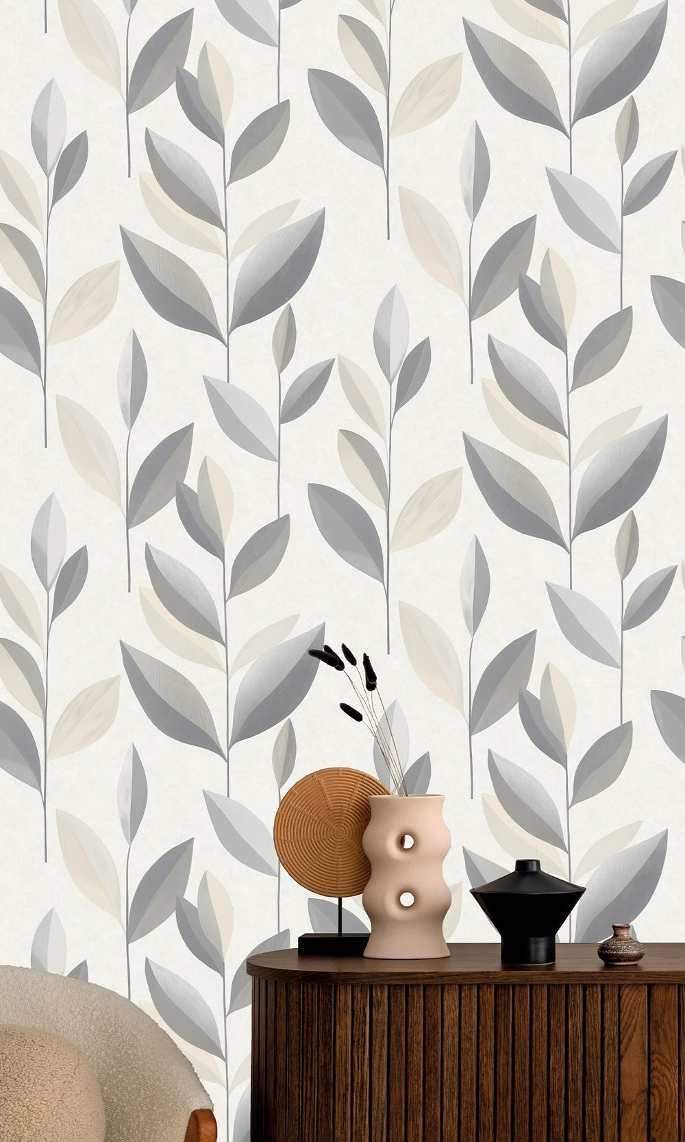 Mountain Mist & Nickel Stylized Plum Leaf Wallpaper R9942