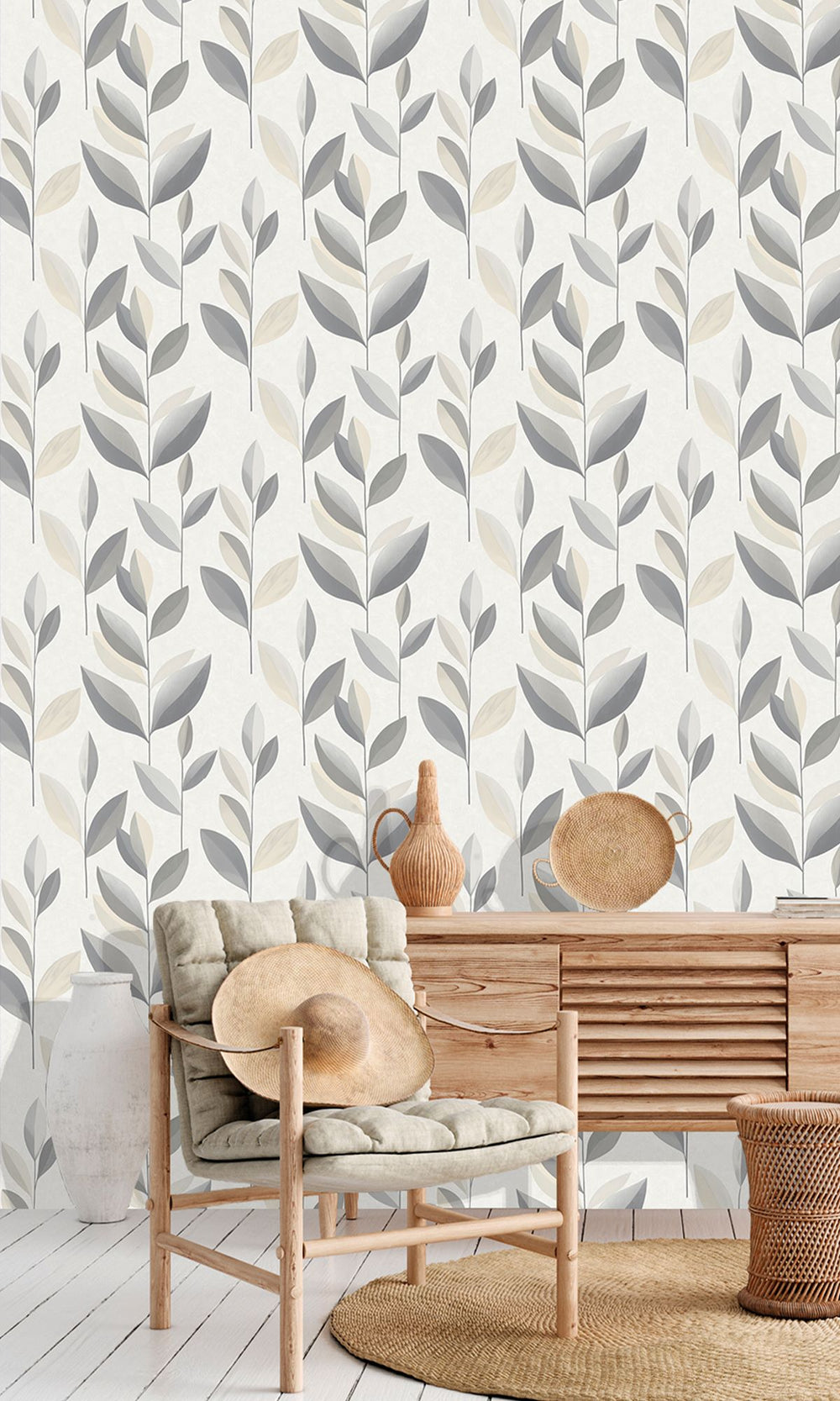 Mountain Mist & Nickel Stylized Plum Leaf Wallpaper R9942