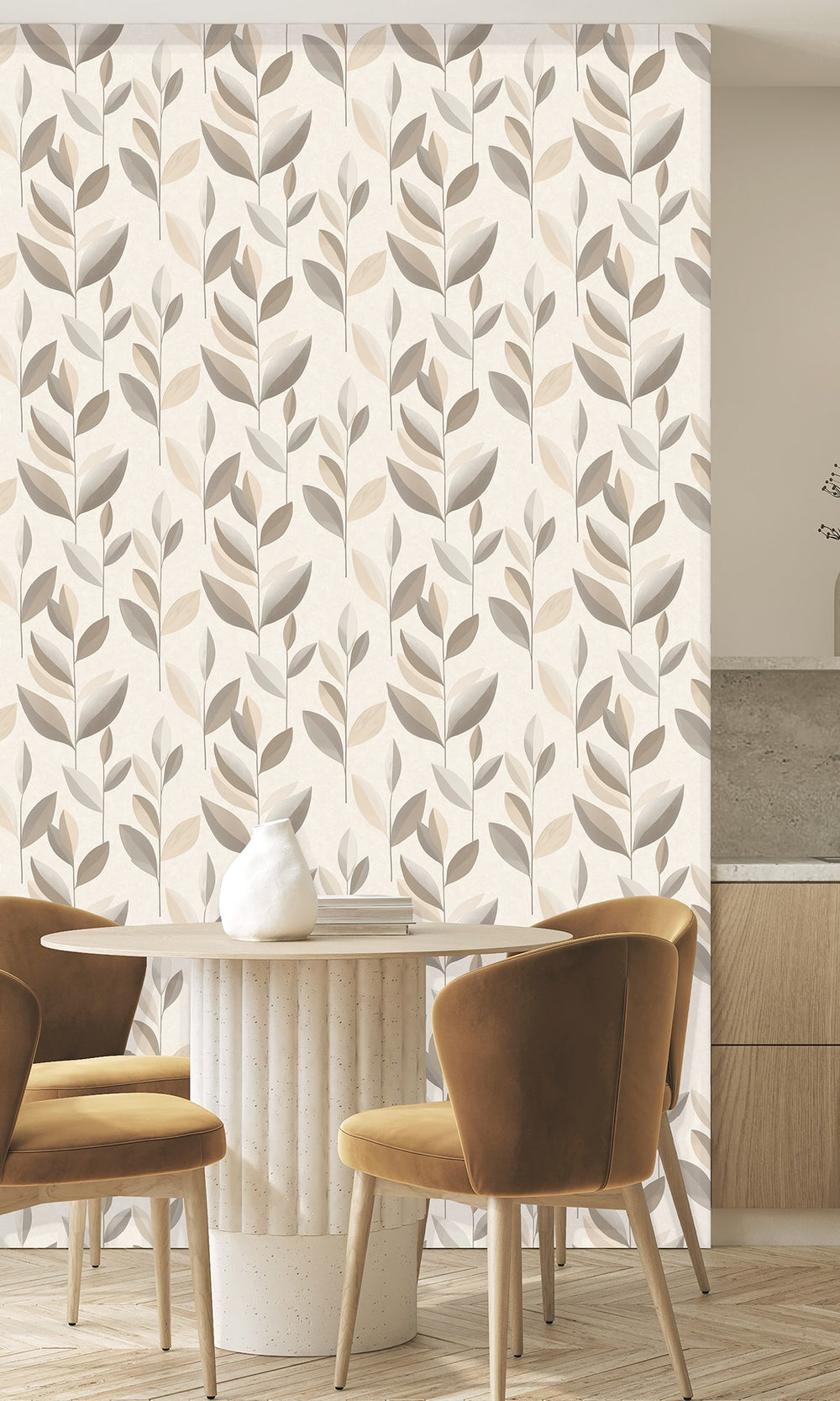 Earl Grey & Light Beige Stylized Plum Leaf Wallpaper R9943