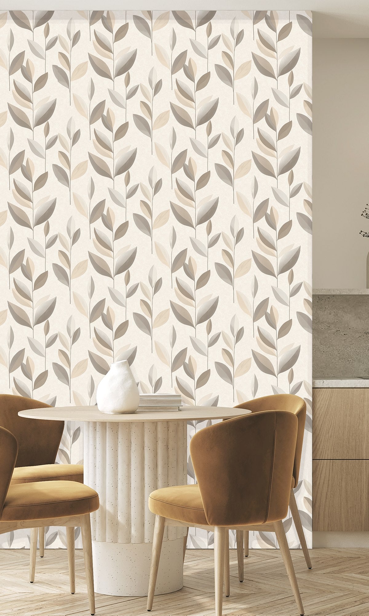 Earl Grey & Light Beige Stylized Plum Leaf Wallpaper R9943