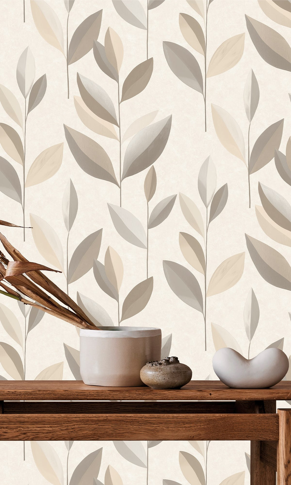 Earl Grey & Light Beige Stylized Plum Leaf Wallpaper R9943