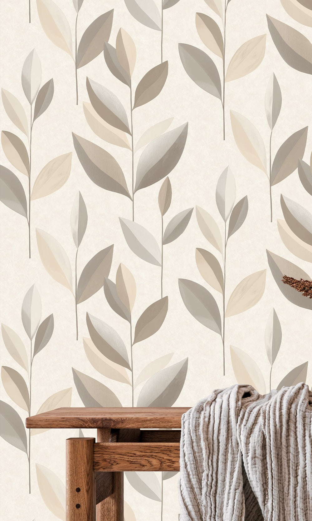 Earl Grey & Light Beige Stylized Plum Leaf Wallpaper R9943