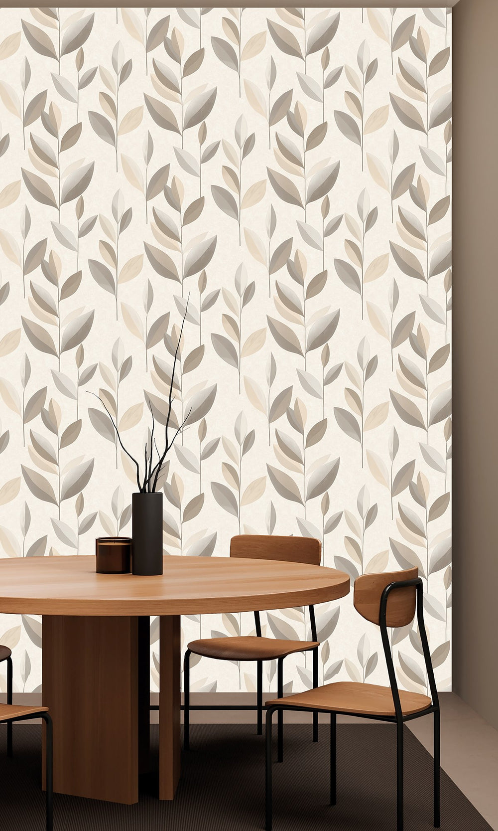 Earl Grey & Light Beige Stylized Plum Leaf Wallpaper R9943