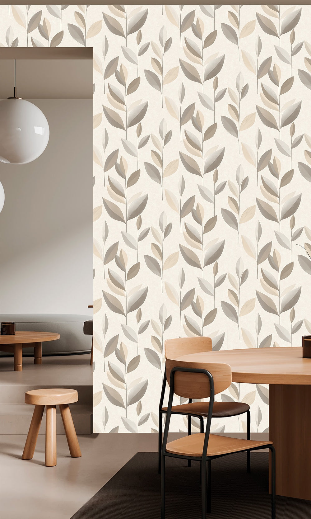 Earl Grey & Light Beige Stylized Plum Leaf Wallpaper R9943