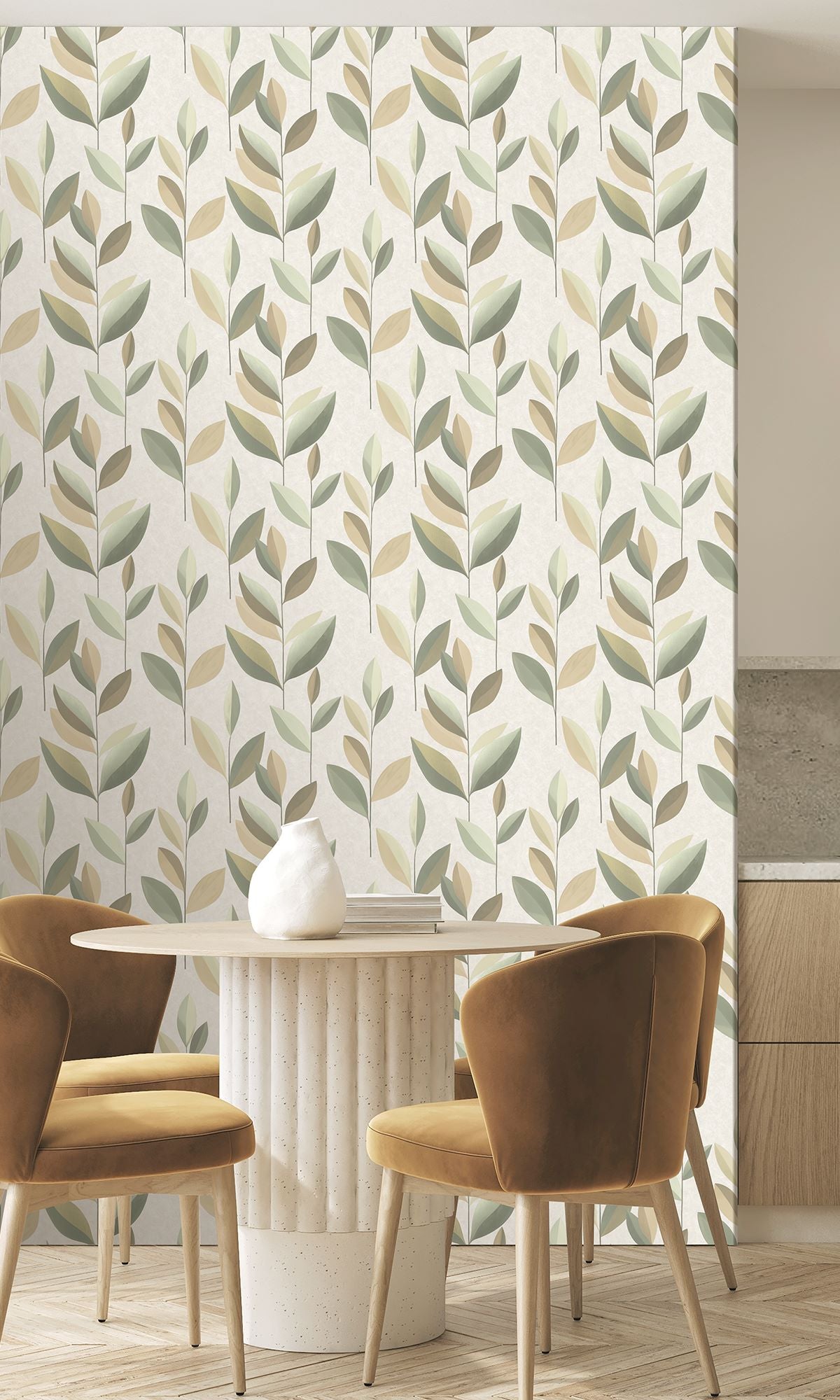 Sand Blast & Kosher Khaki Stylized Plum Leaf Wallpaper R9944
