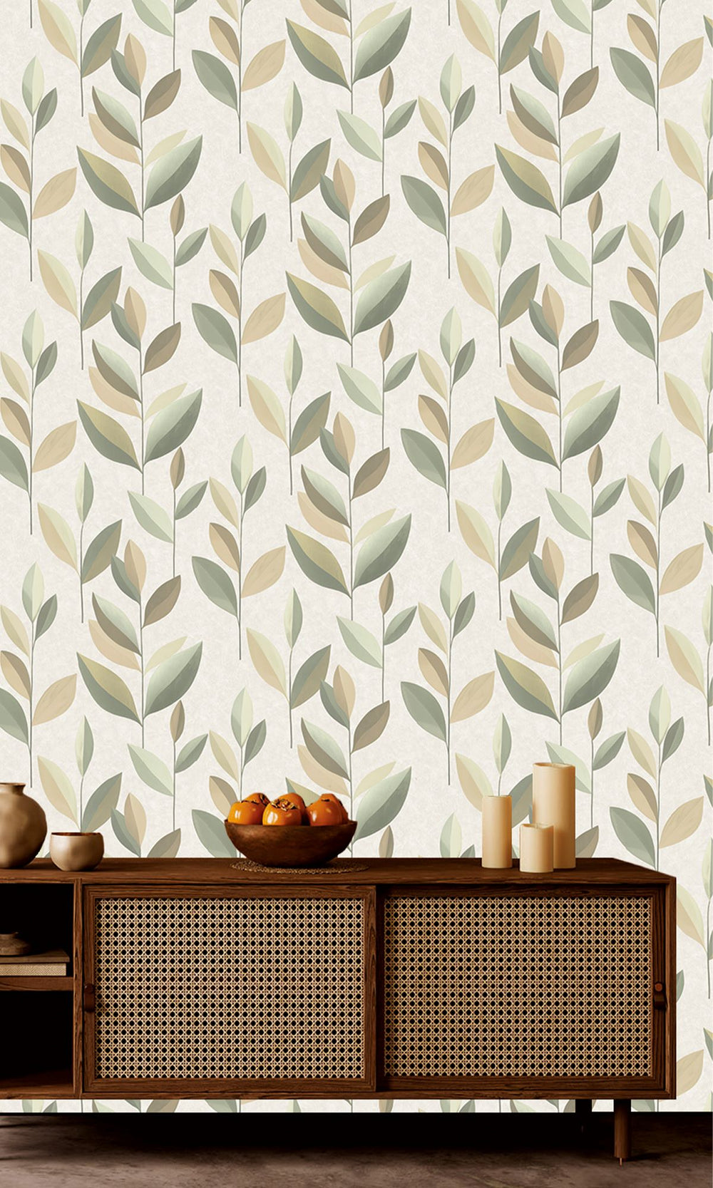 Sand Blast & Kosher Khaki Stylized Plum Leaf Wallpaper R9944