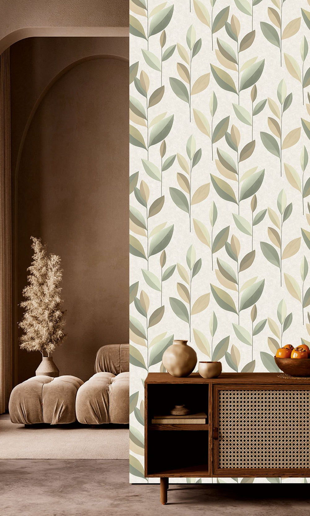Sand Blast & Kosher Khaki Stylized Plum Leaf Wallpaper R9944