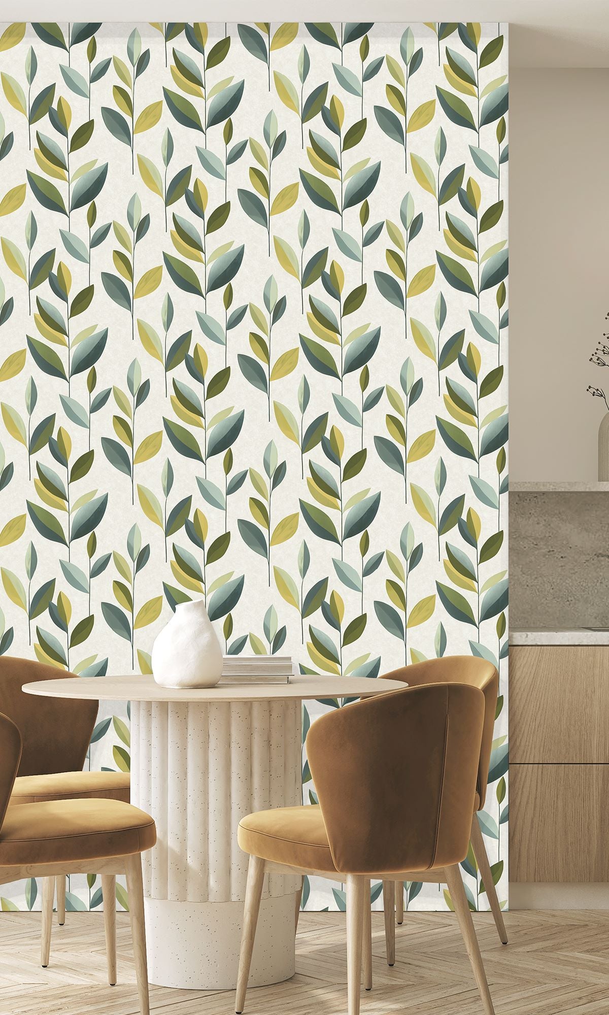 Corduroy & Dusky Citron Stylized Plum Leaf Wallpaper R9945