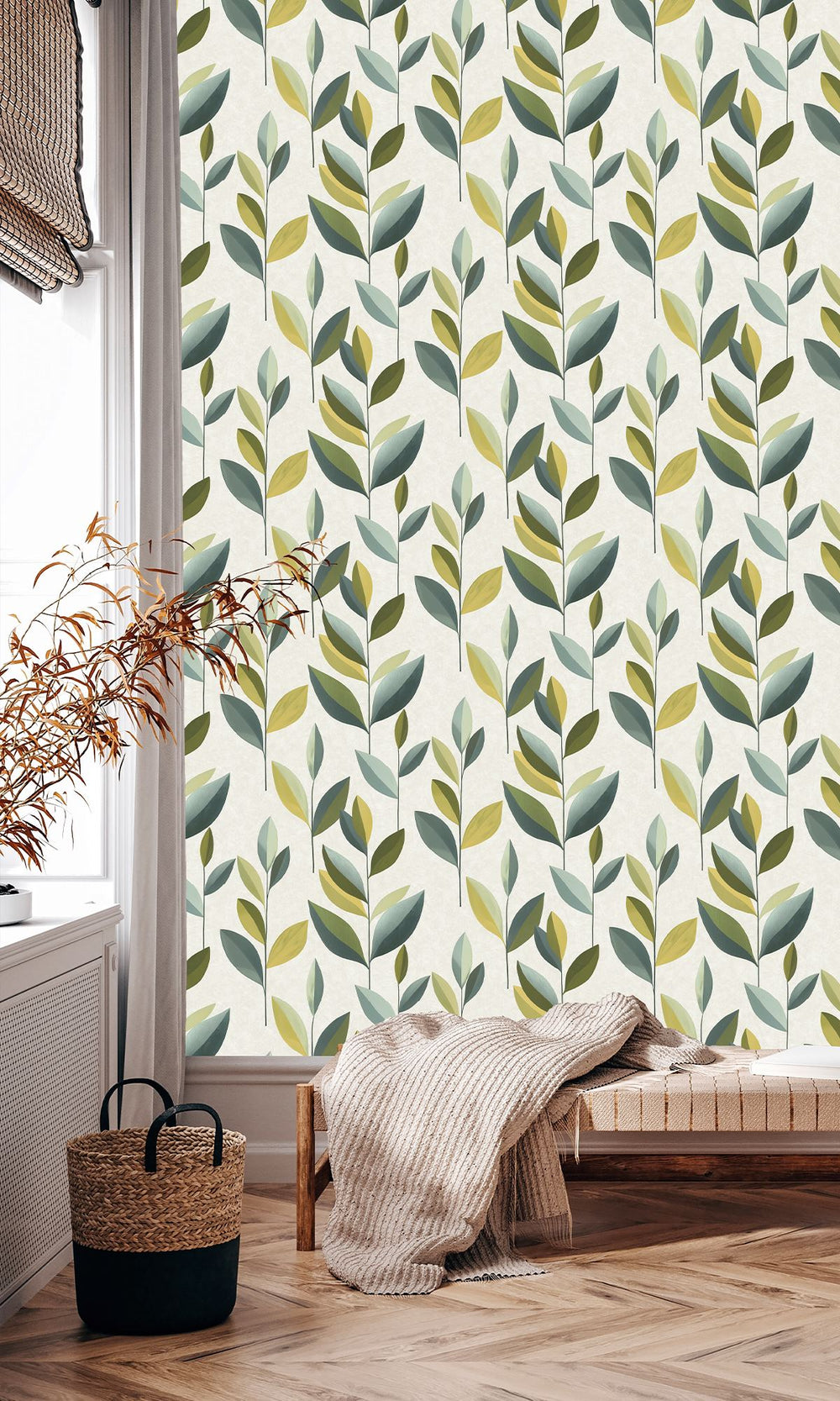 Corduroy & Dusky Citron Stylized Plum Leaf Wallpaper R9945