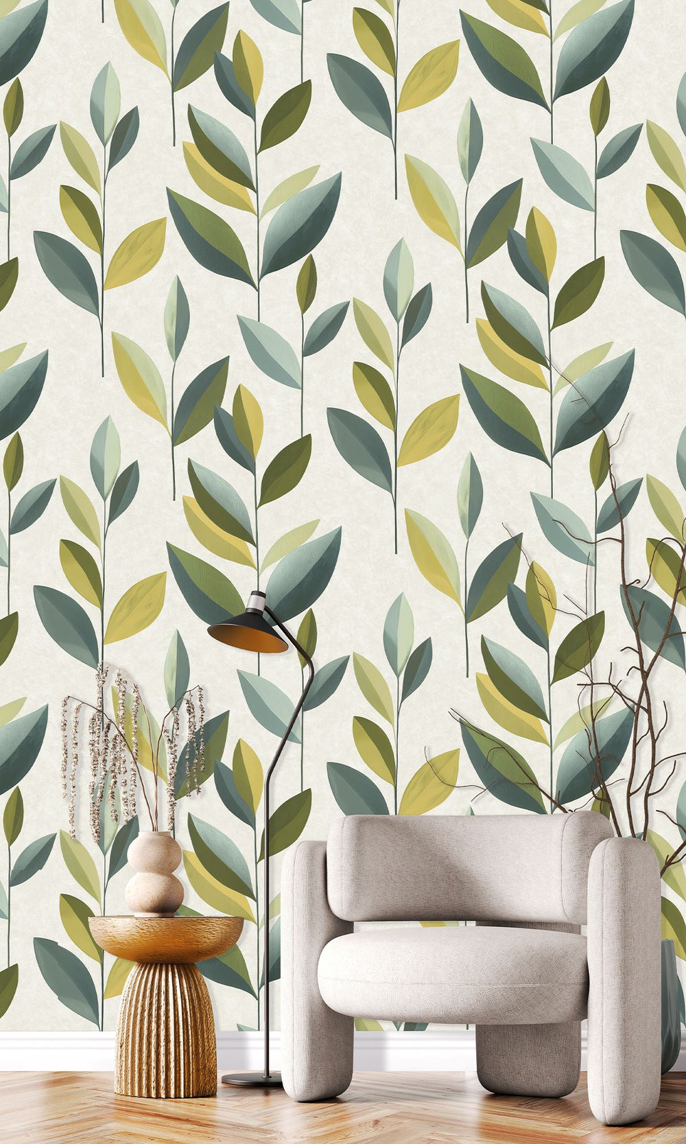 Corduroy & Dusky Citron Stylized Plum Leaf Wallpaper R9945