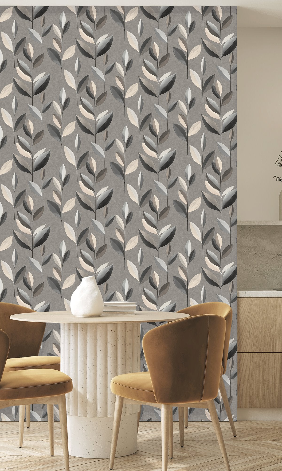 Wheat Sheaf & Onyx Gray Stylized Plum Leaf Wallpaper R9946