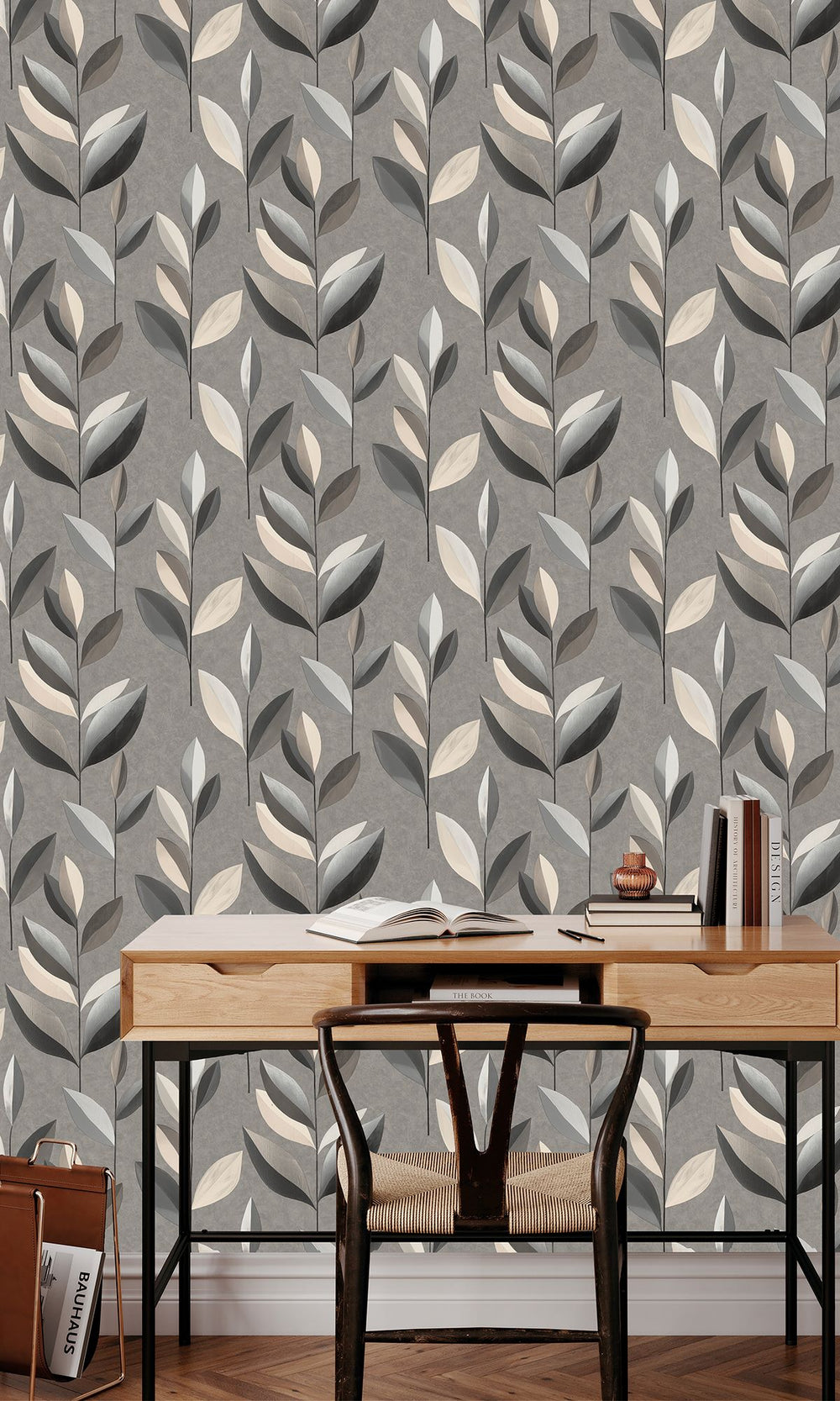 Wheat Sheaf & Onyx Gray Stylized Plum Leaf Wallpaper R9946