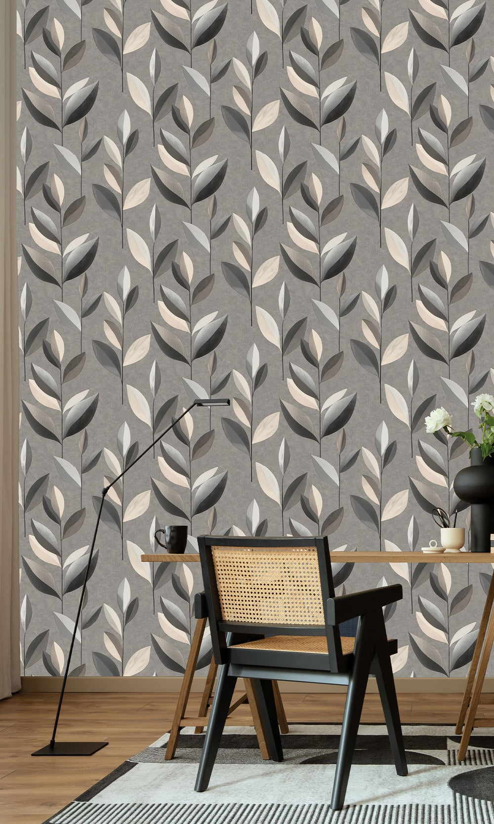 Wheat Sheaf & Onyx Gray Stylized Plum Leaf Wallpaper R9946