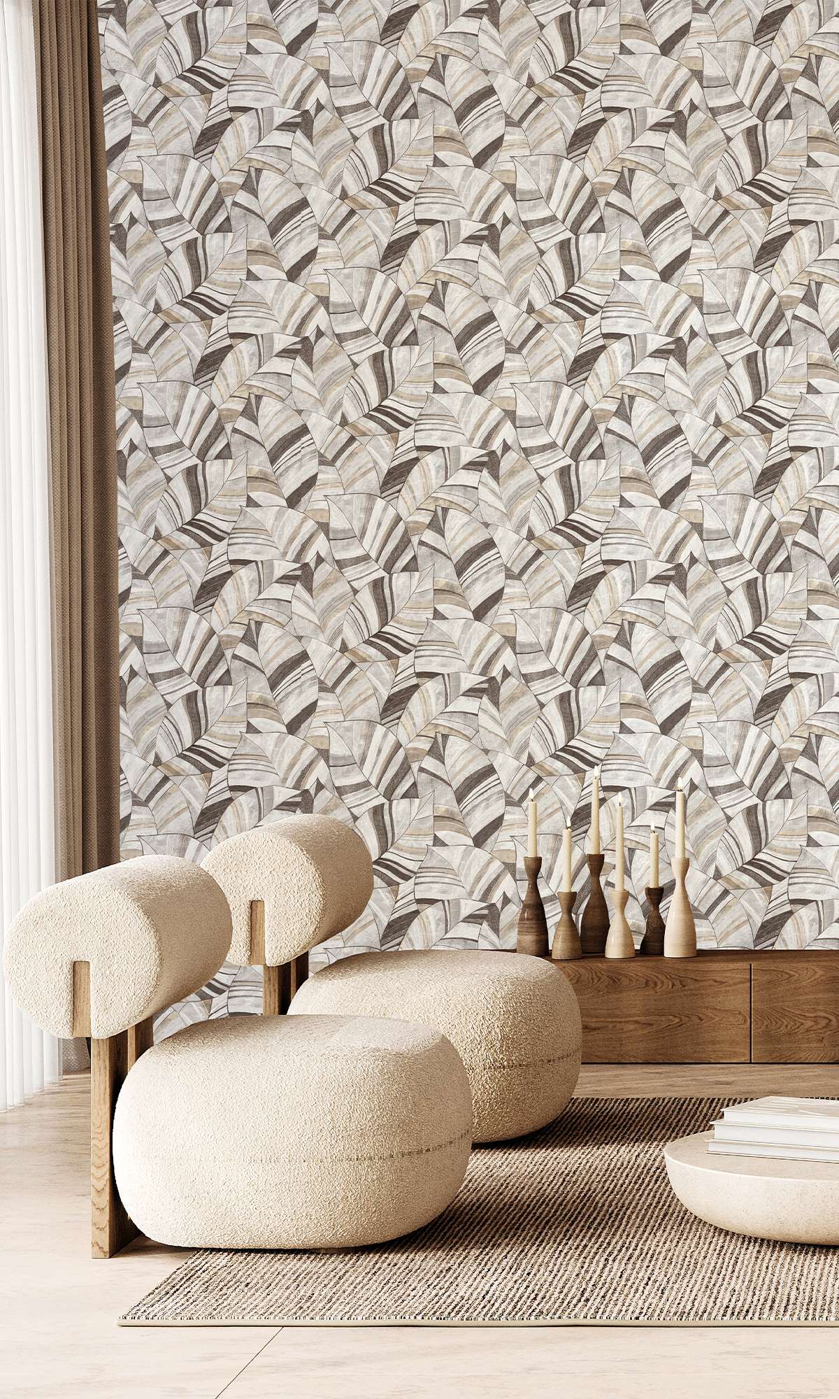 Morrel Brown & Soft Amber Overlapping Pen Drawn Leaves Wallpaper R9947