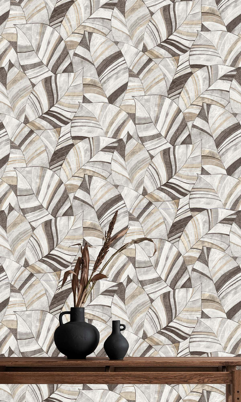 Morrel Brown & Soft Amber Overlapping Pen Drawn Leaves Wallpaper R9947