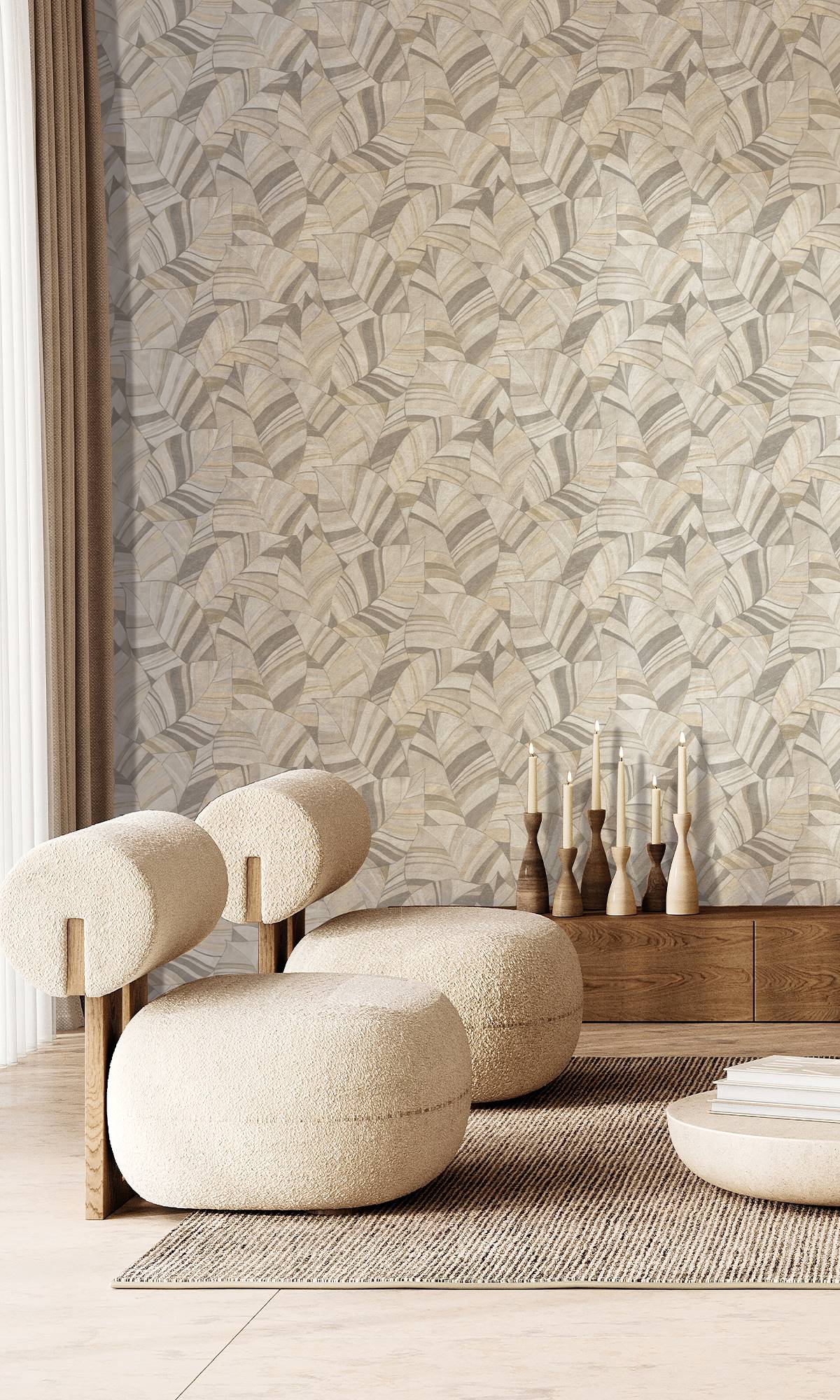 Sepia Stone & Zorba Gray Overlapping Pen Drawn Leaves Wallpaper R9948