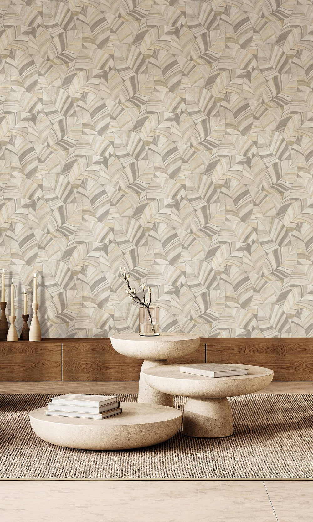 Sepia Stone & Zorba Gray Overlapping Pen Drawn Leaves Wallpaper R9948