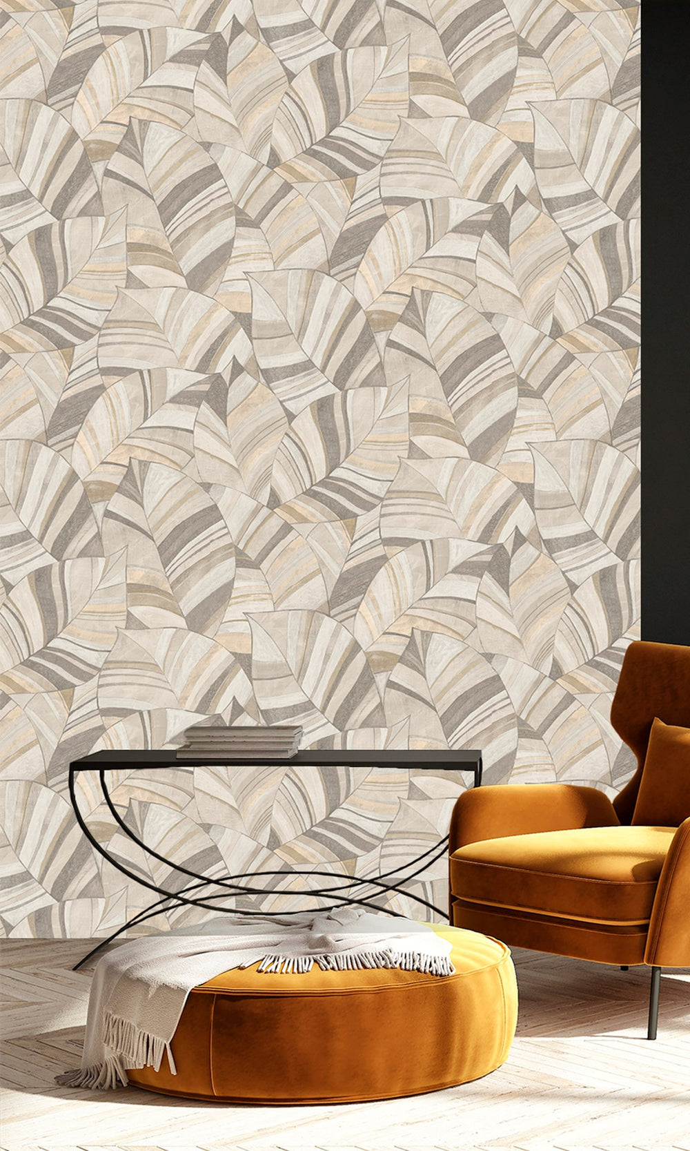 Sepia Stone & Zorba Gray Overlapping Pen Drawn Leaves Wallpaper R9948