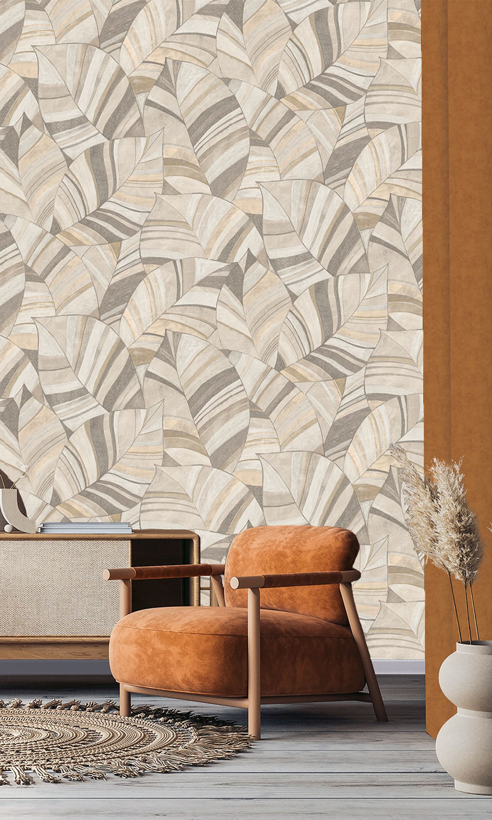 Sepia Stone & Zorba Gray Overlapping Pen Drawn Leaves Wallpaper R9948