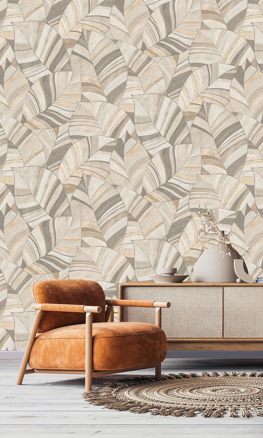Sepia Stone & Zorba Gray Overlapping Pen Drawn Leaves Wallpaper R9948