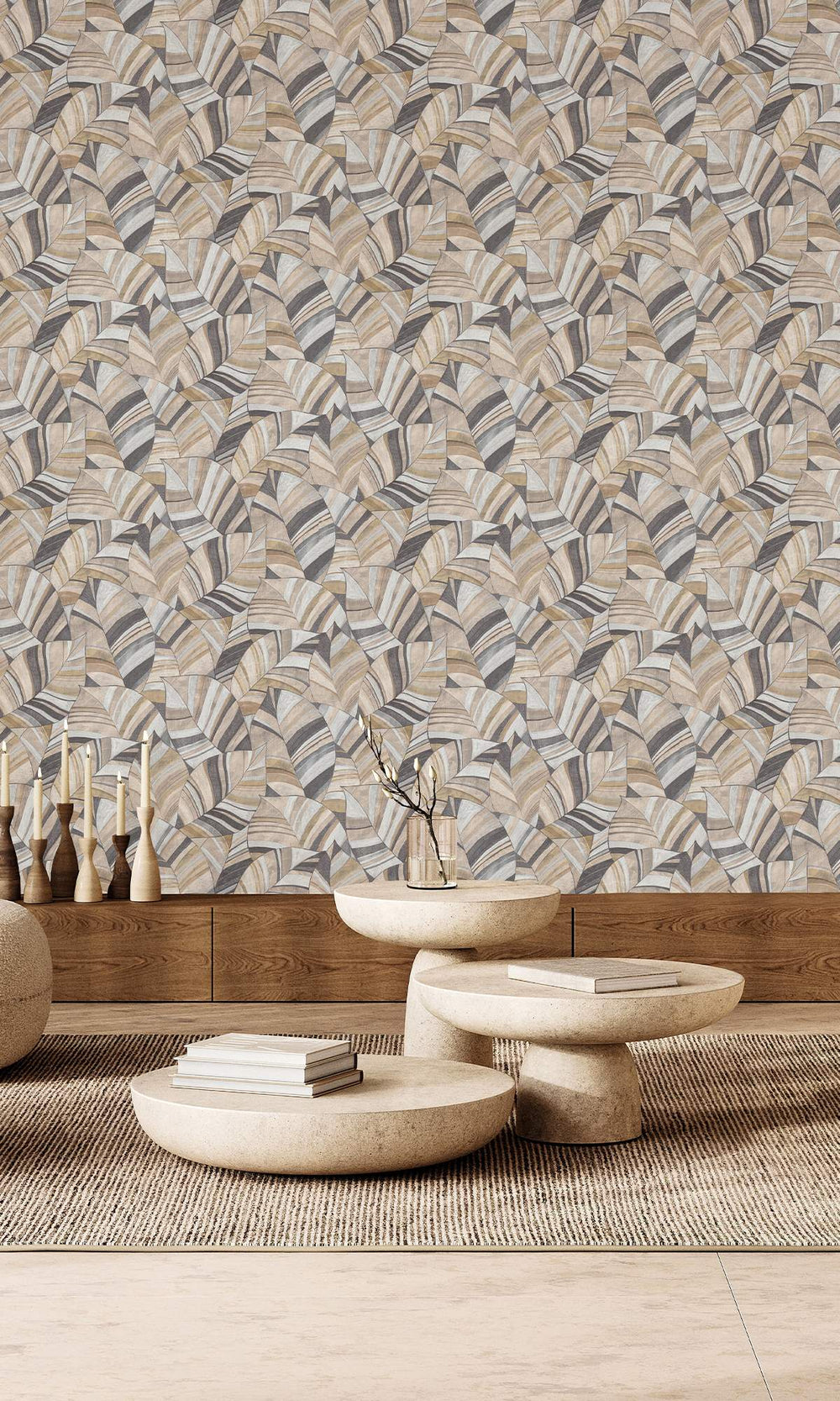 Brushed Nickel & Coffee Diva Overlapping Pen Drawn Leaves Wallpaper R9949