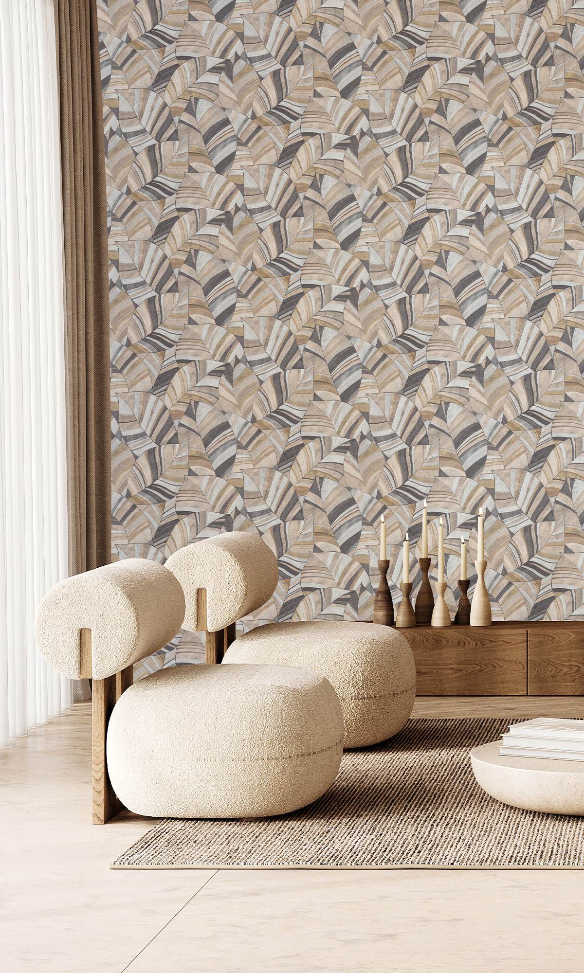 Brushed Nickel & Coffee Diva Overlapping Pen Drawn Leaves Wallpaper R9949