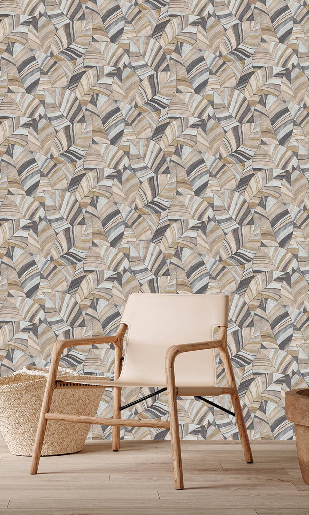 Brushed Nickel & Coffee Diva Overlapping Pen Drawn Leaves Wallpaper R9949