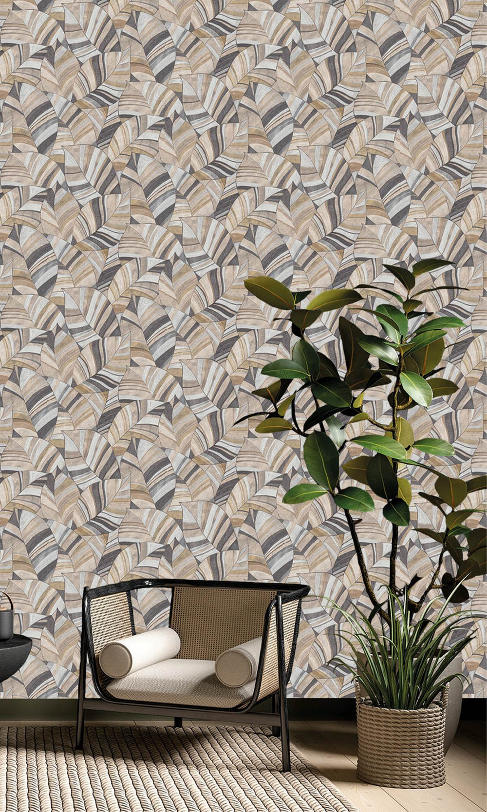 Brushed Nickel & Coffee Diva Overlapping Pen Drawn Leaves Wallpaper R9949