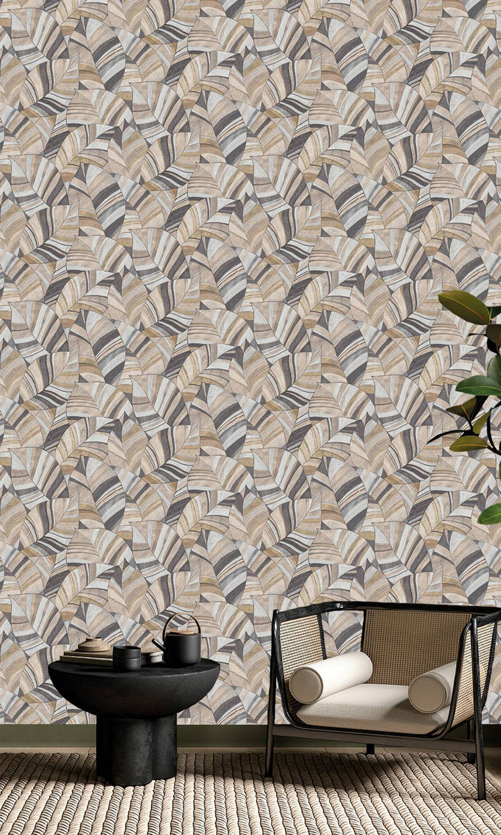Brushed Nickel & Coffee Diva Overlapping Pen Drawn Leaves Wallpaper R9949