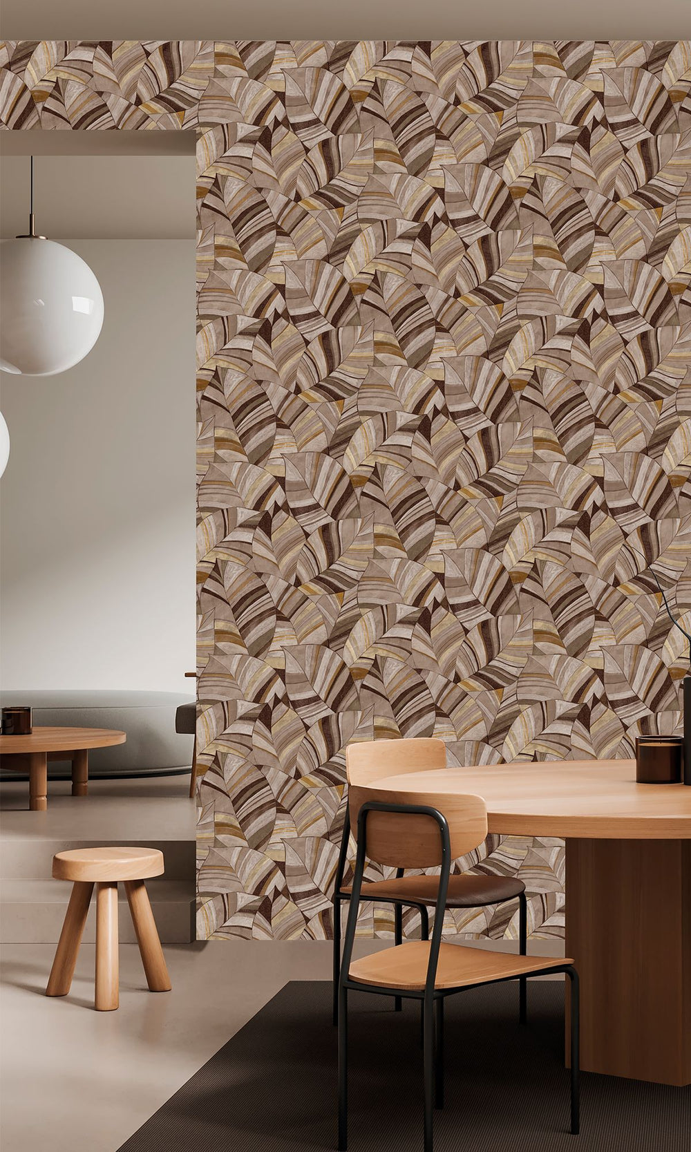 Duqqa Brown & Bungalow Taupe Overlapping Pen Drawn Leaves Wallpaper R9950