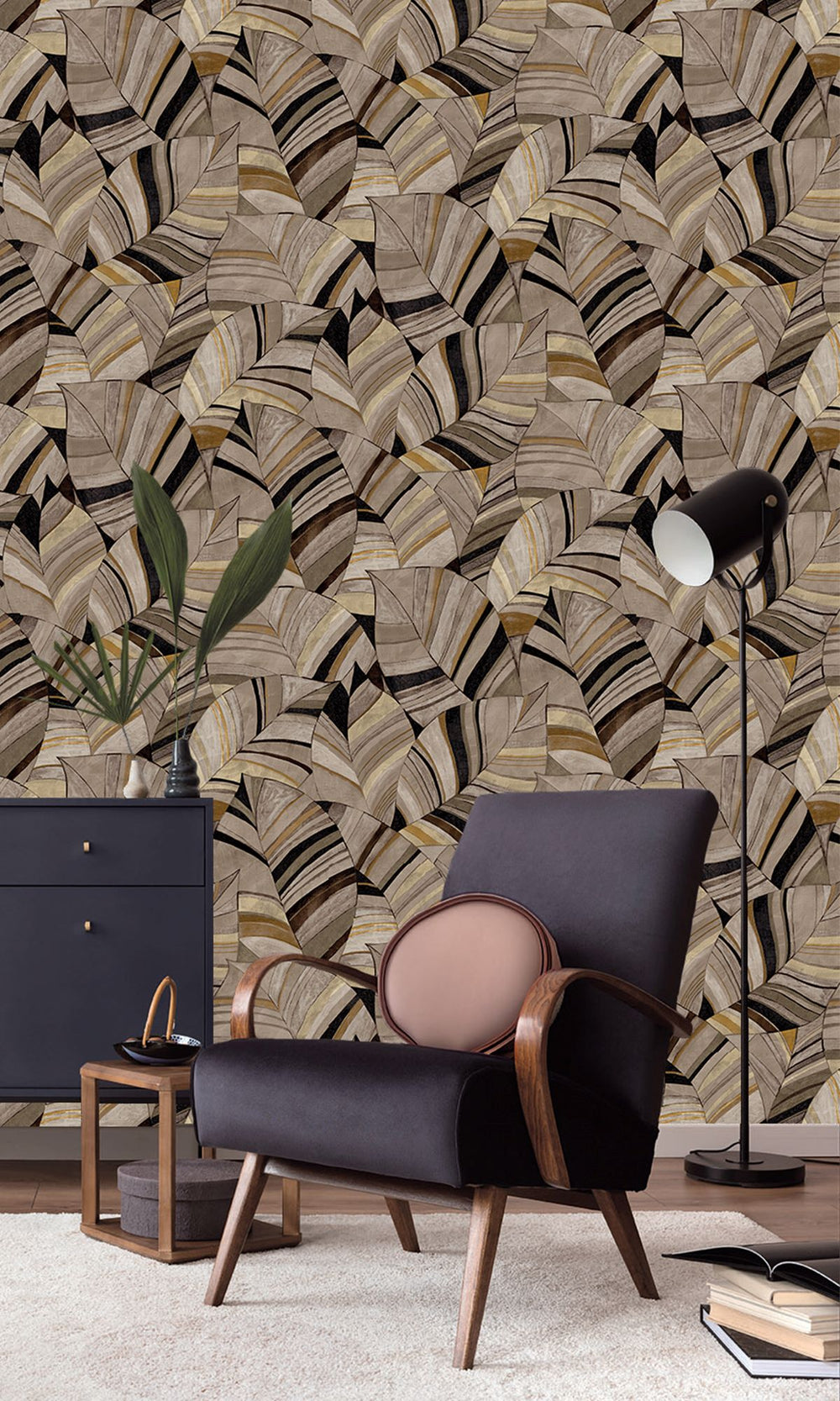 Duqqa Brown & Bungalow Taupe Overlapping Pen Drawn Leaves Wallpaper R9950