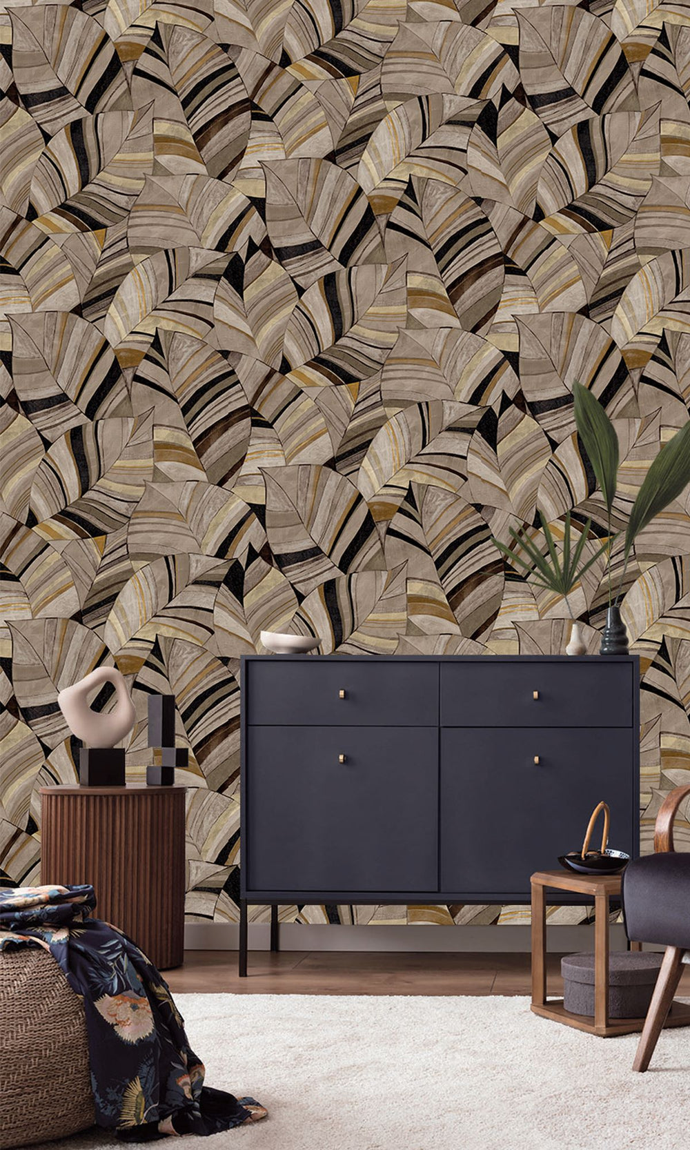 Duqqa Brown & Bungalow Taupe Overlapping Pen Drawn Leaves Wallpaper R9950