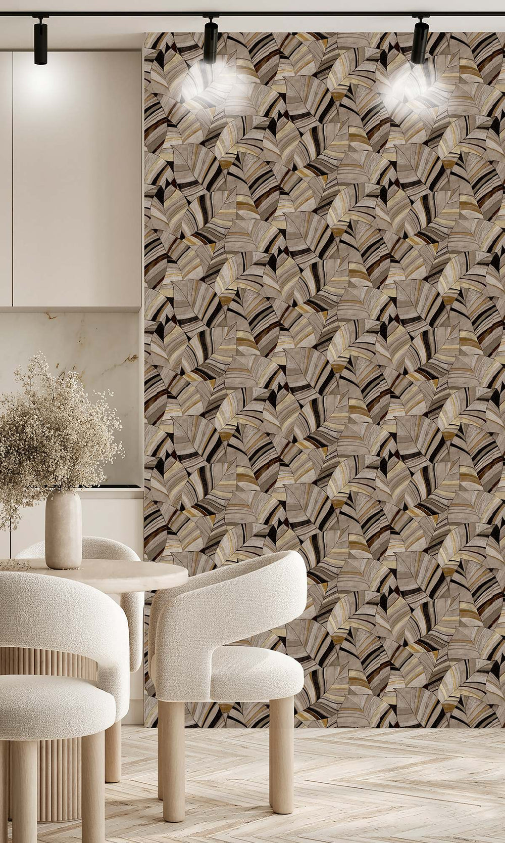 Duqqa Brown & Bungalow Taupe Overlapping Pen Drawn Leaves Wallpaper R9950