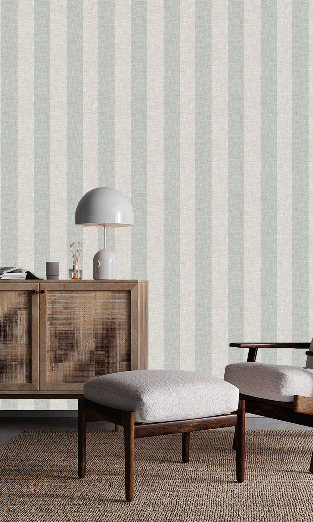 Snow Drift & Silky Green Wavy Textured Stripes Wallpaper R9964