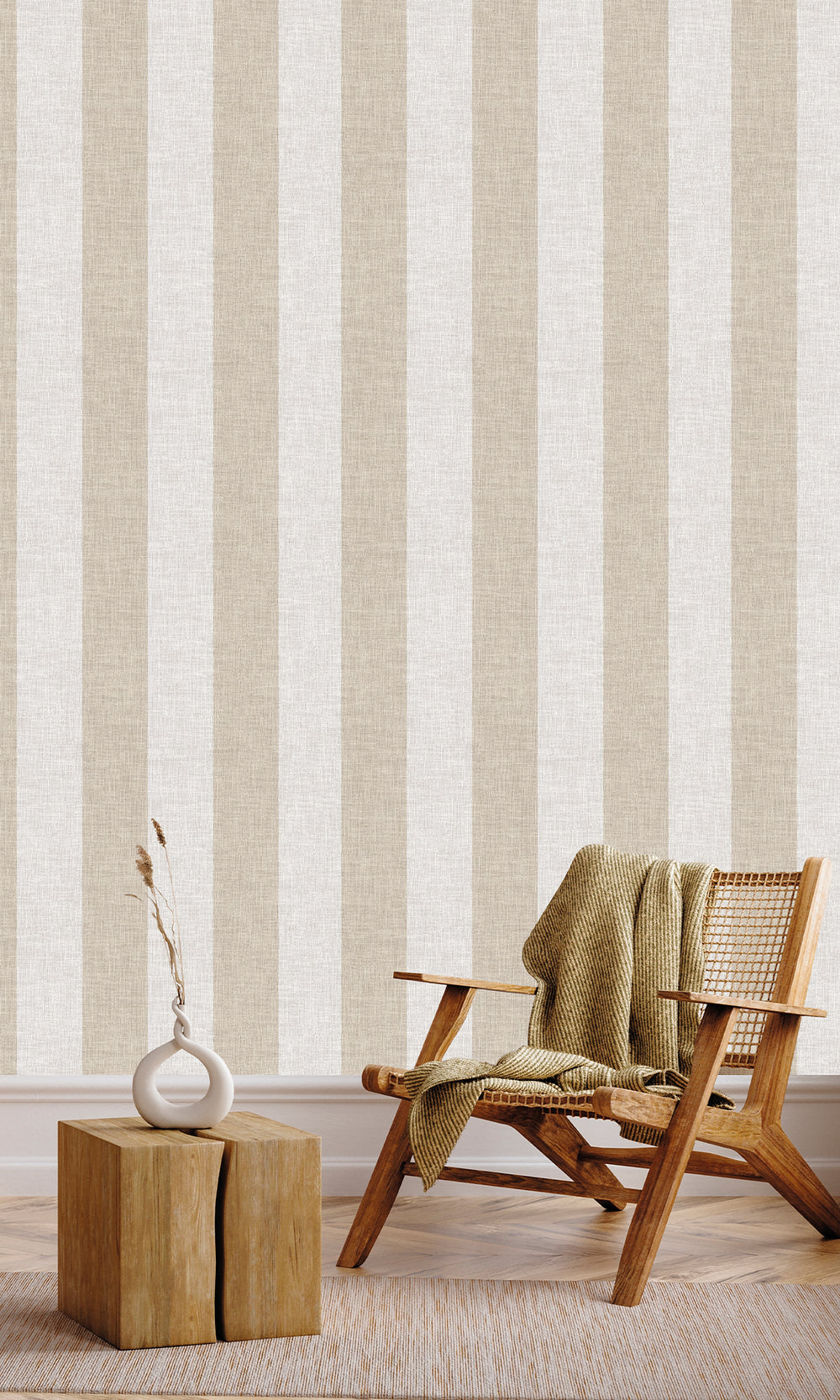 Offwhite & Birchwood Wavy Textured Stripes Wallpaper R9965