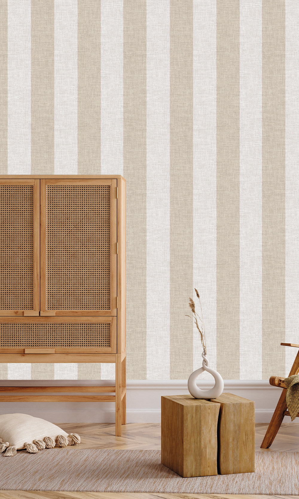Offwhite & Birchwood Wavy Textured Stripes Wallpaper R9965
