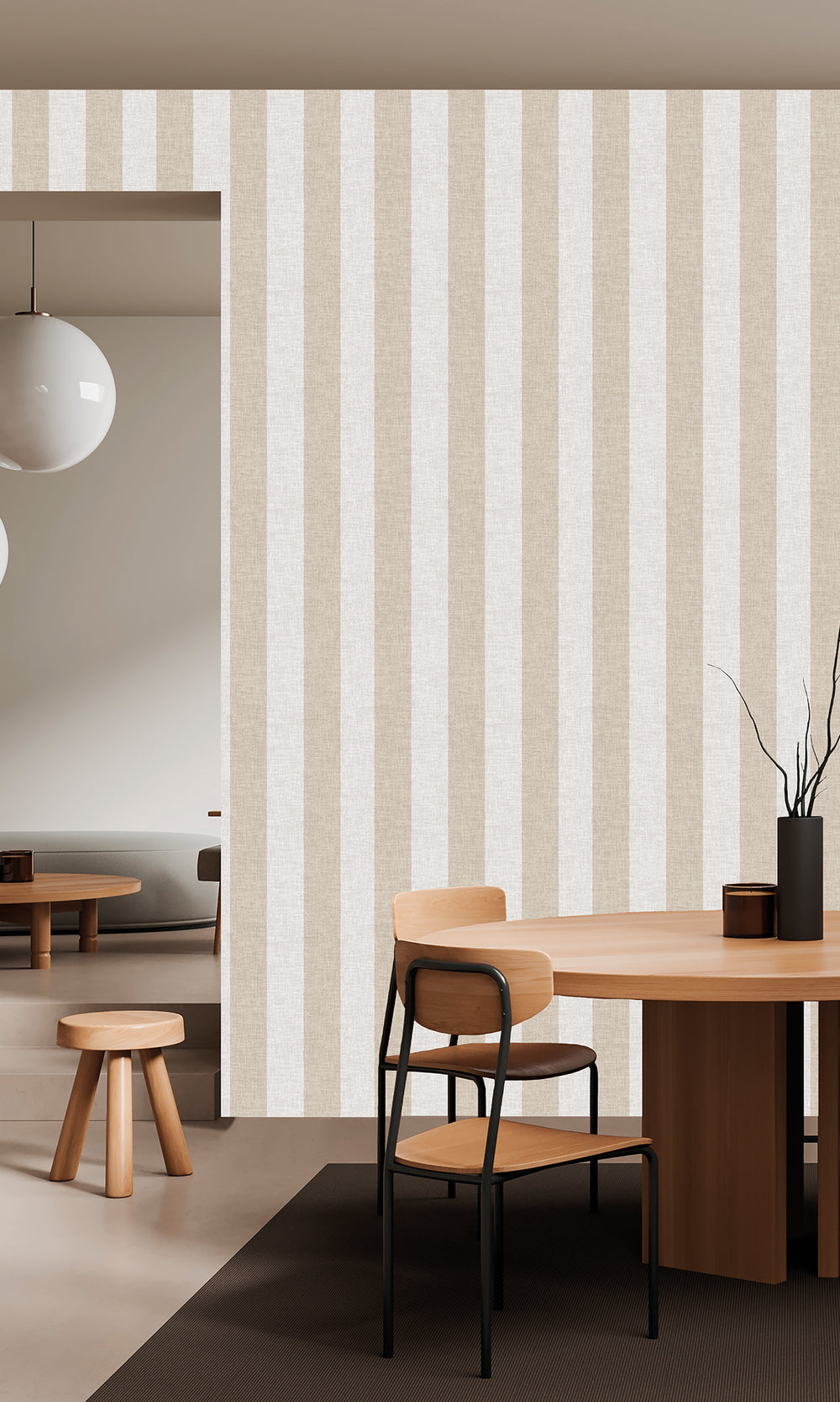 Offwhite & Birchwood Wavy Textured Stripes Wallpaper R9965